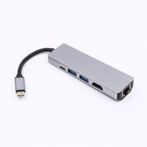 5-i-1 USB Type C til HDMI + LAN (1000M) + USB 3.0x2 + Type C Hub Adapter