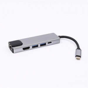 5-i-1 USB Type C til HDMI + LAN (1000M) + USB 3.0x2 + Type C Hub Adapter