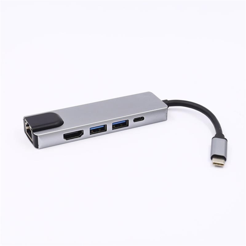 5-i-1 USB Type C til HDMI + LAN (1000M) + USB 3.0x2 + Type C Hub Adapter