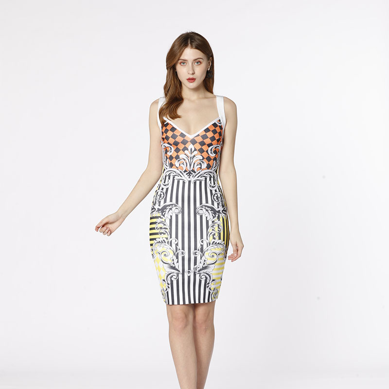 OEM fabriksdame nyeste design elegant v-halskors krydsprint stripe sexede bandage kjoler bodycon til aftenklubfest
