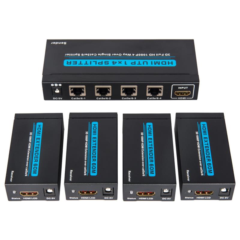4 porte HDMI UTP 1x4 splitter over enkelt Cat5e \/ 6 Med 4 modtagere op til 60 m
