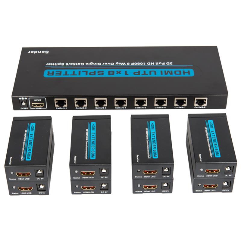 8 porte HDMI UTP 1x8 splitter over enkelt Cat5e \/ 6 Med 8 modtagere op til 60 m