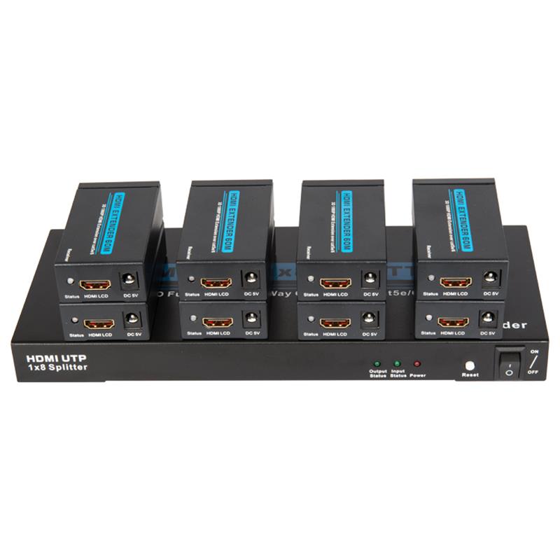 8 porte HDMI UTP 1x8 splitter over enkelt Cat5e \/ 6 Med 8 modtagere op til 60 m