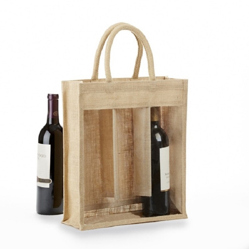 SGS52 Custom Printed Ecofriendly 3 Flaske Jute Wine Bottle Tote Shopping Tasker med vindue