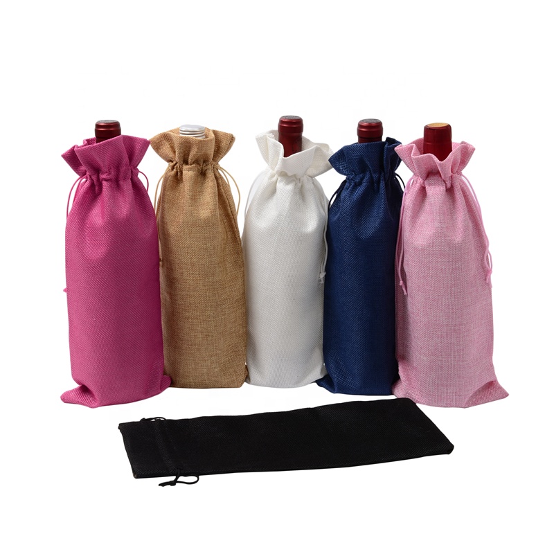 SGS53 Rustic Jute Burlap Wine Bags Drawstring Wine Bottle Covers Reable Bottle Wage Package Wine Bags