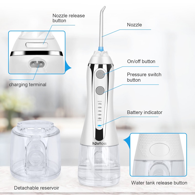 H2ofloss Water Flosser Professional Trådløs tandpleje Oral irrigator - Bærbar og genopladelig IPX7 vandtæt vandtråd til rengøring af tænder, 300 ml reservoir Hjem og rejse (HF-2)