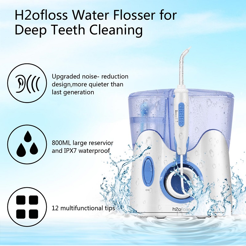 H2ofloss Dental Water Flosser til rengøring af tænder med 12 multifunktionelle tip & 800 ml, professionel bordplade Oral Irrigator Quiet Design
