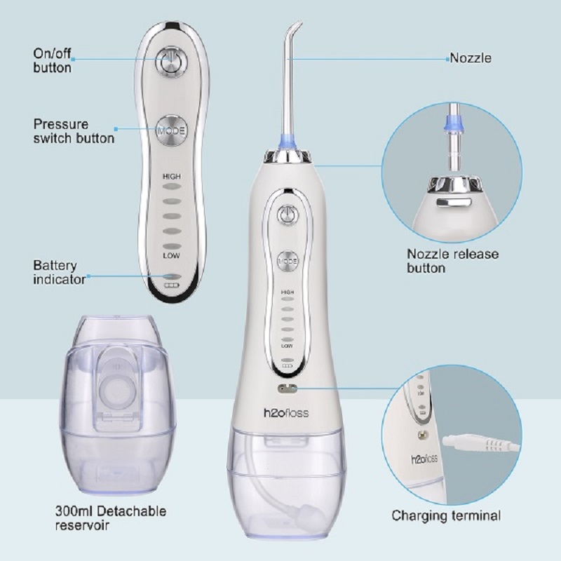 H2ofloss Water Flosser Professional trådløs tandpleje Oral irrigator - Bærbar og genopladelig IPX7 vandtæt vandtråd til rengøring af tænder, 300 ml reservoir Hjem og rejse (HF-6)