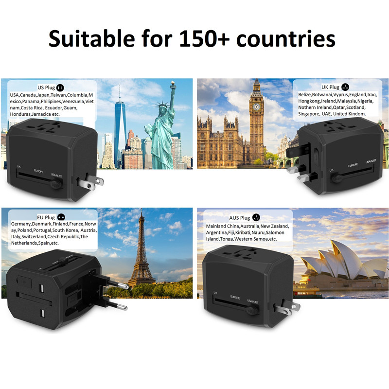 RRTRAVEL Universal Travel Adapter, Alt-i-én International strømadapter med 4A 3 USB, europæisk adapter Travel Power Adapter Vægoplader til England, EU, AU, Asien Dækker 150 + lande