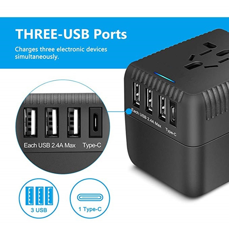 RRTRAVEL Universal Travel Adapter, all in One International Power Adapter with 3 USB+ 1 Type C Chargining Ports, European Plug Adapter, AC Oulet Plug Adapter for European, US, UK, AU 160+ Country