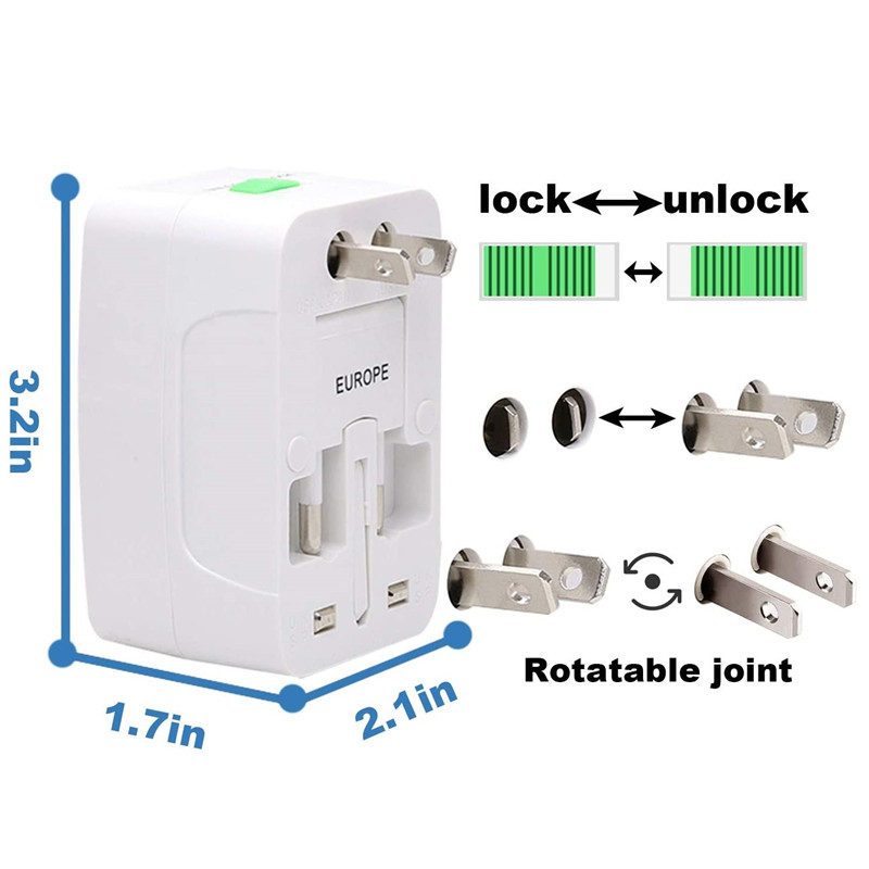 RRTRAVEL 931D Verdensomspændende rejse-strømadapter, Universal rejse-adapter vekselstrømsadapteradapter med dobbelt USB-porte til USA EU UK AUS mobiltelefon Bærbar computer dækker 150+ lande