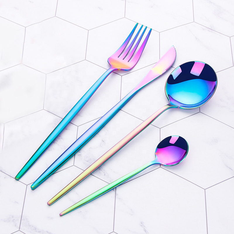 Hot selling farverige pvd coating Flatoware sæt multiolor titan rustfrit stål regnbuebestik