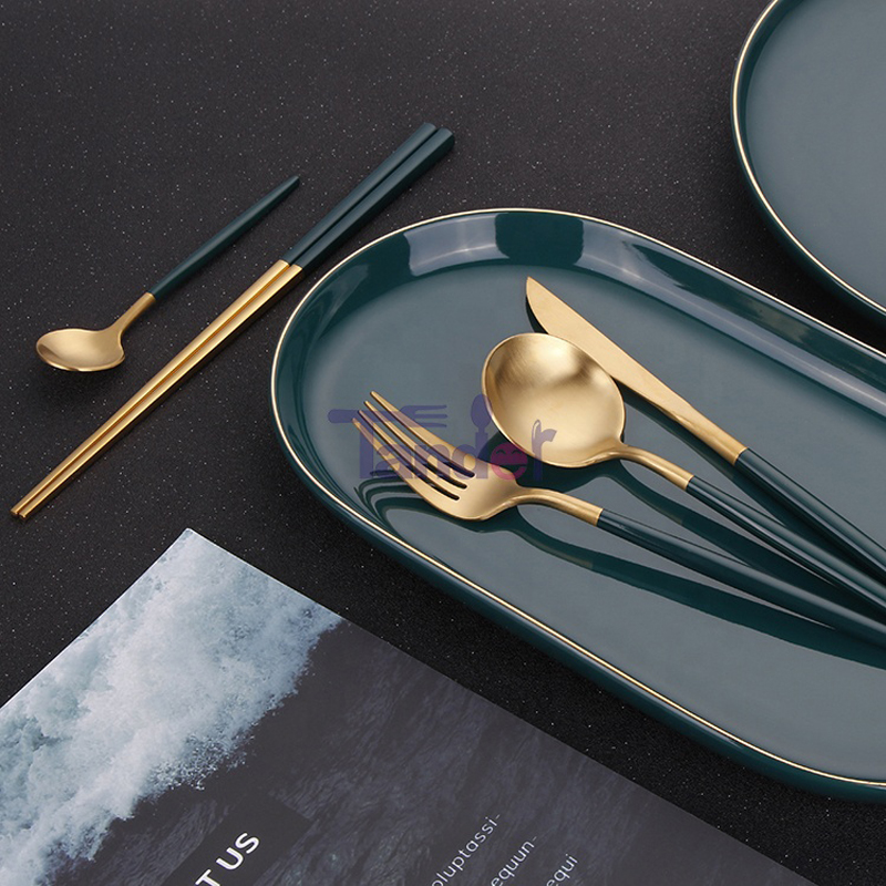 Green Handler Stainless Steel Wedding Full Restaurant Matte Gold Spoon Fork Knife Cutler Set