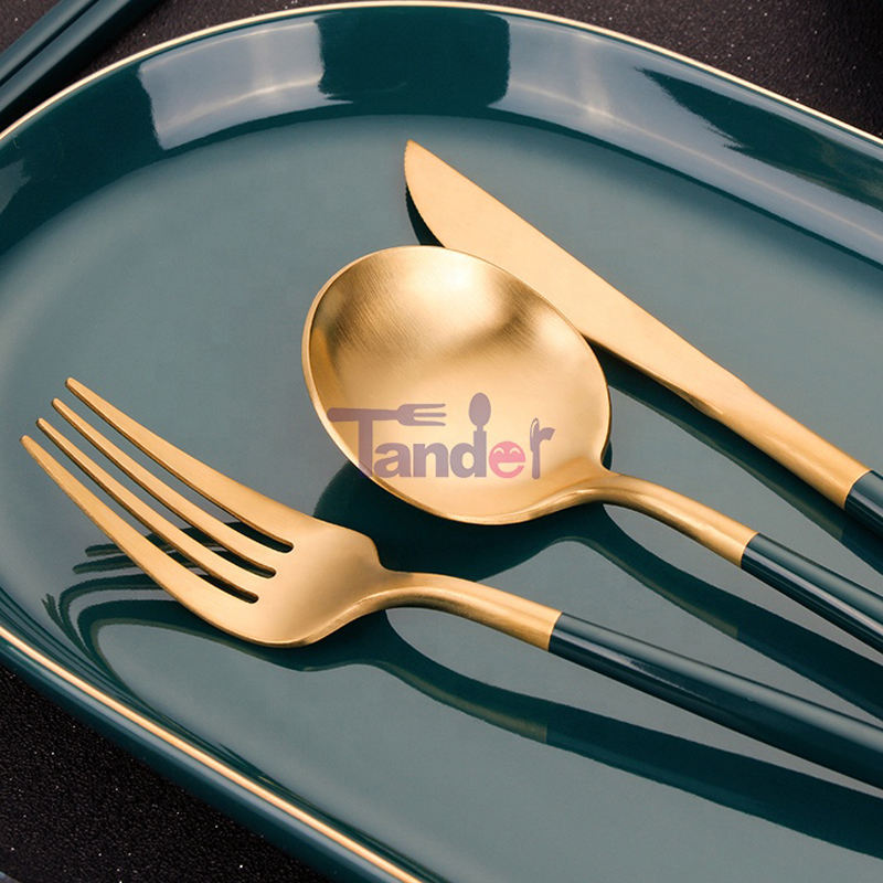 Green Handler Stainless Steel Wedding Full Restaurant Matte Gold Spoon Fork Knife Cutler Set