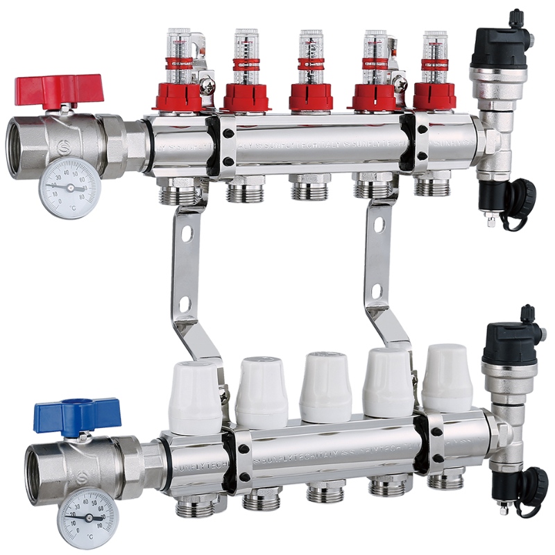 Ventilen opvarmet 5-vejs, platineret messing manifold med flowmeter