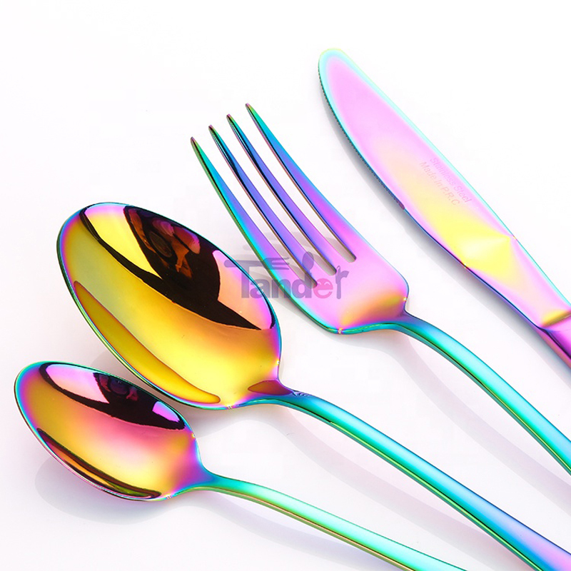 høj spejl detaillysende farverig camping rustfrit stål bestik regnbue bestik sæt