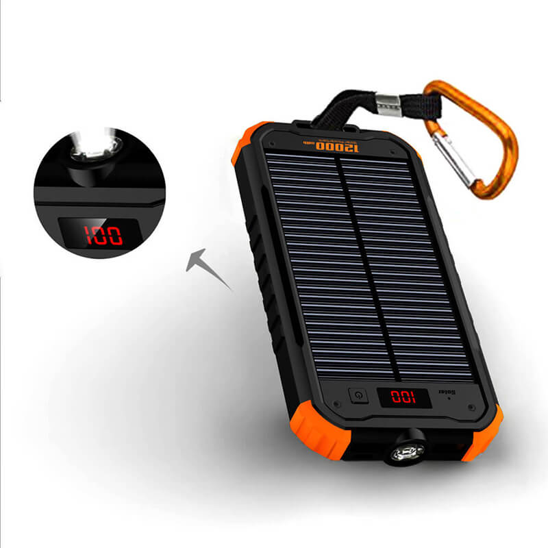 12000mAh Led Flashlight Solar Power Bank med LCD Digital Display