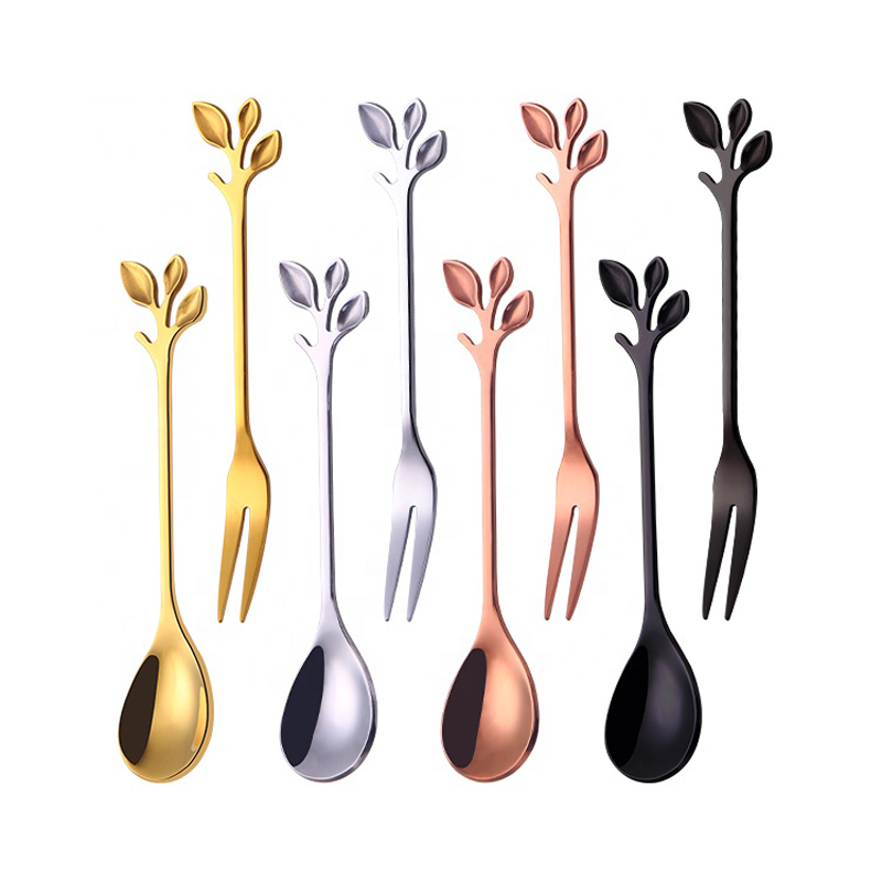 Branch Shape Kaffe Spoon Fruit Fork Spejl Lille Spoon og Fork Stainless Steel