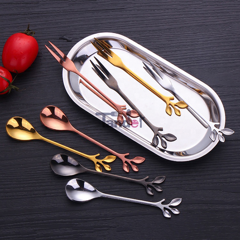 Branch Shape Kaffe Spoon Fruit Fork Spejl Lille Spoon og Fork Stainless Steel