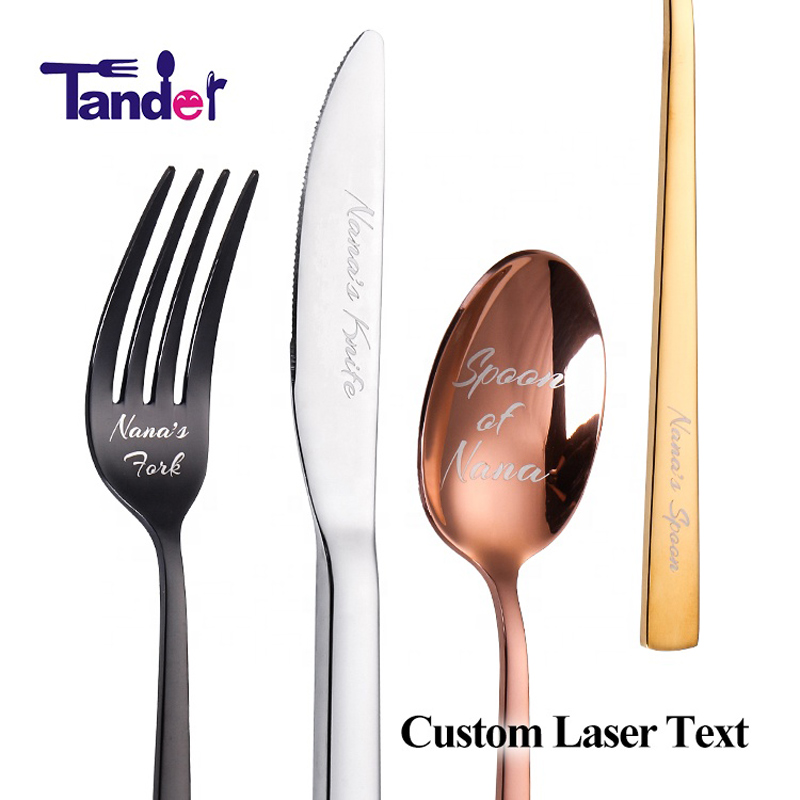 Brugertilpasset Laser dit navn Logo Tekst på Stainless Steel Cutley Set Knife Fork Spoon