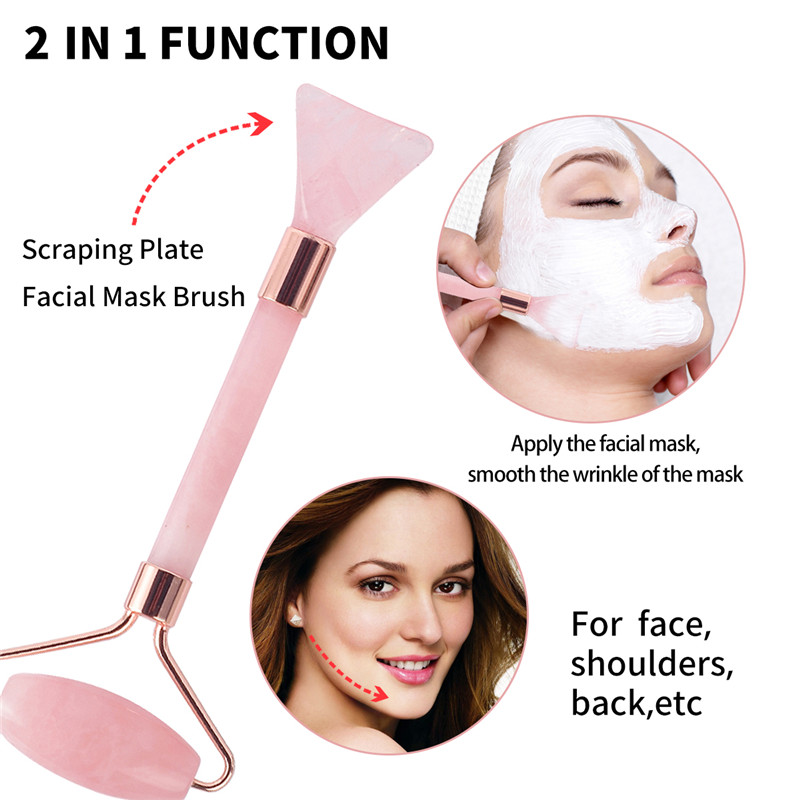 Jade Roller, 100% Rose Quartz Roller... Scrapping plate - Mask pensel og ansigtsrengøring Brush 4 Functional Face Massager for Face Eye Neck Body