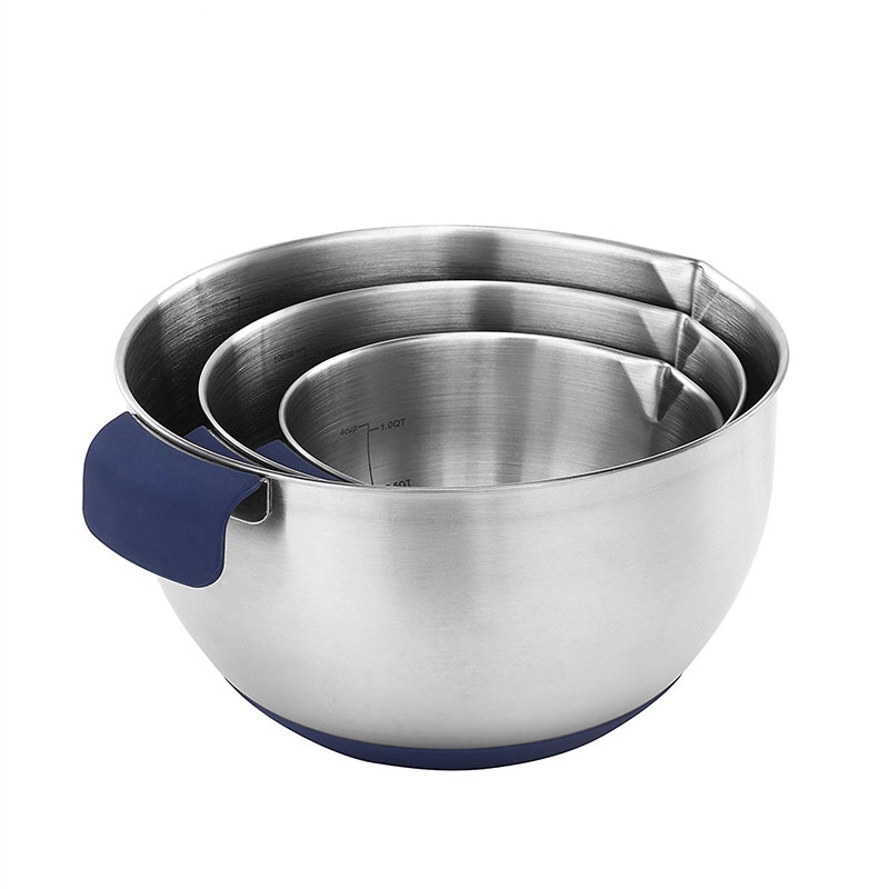 rustfri stål salatskål med siliciumbund og håndtag