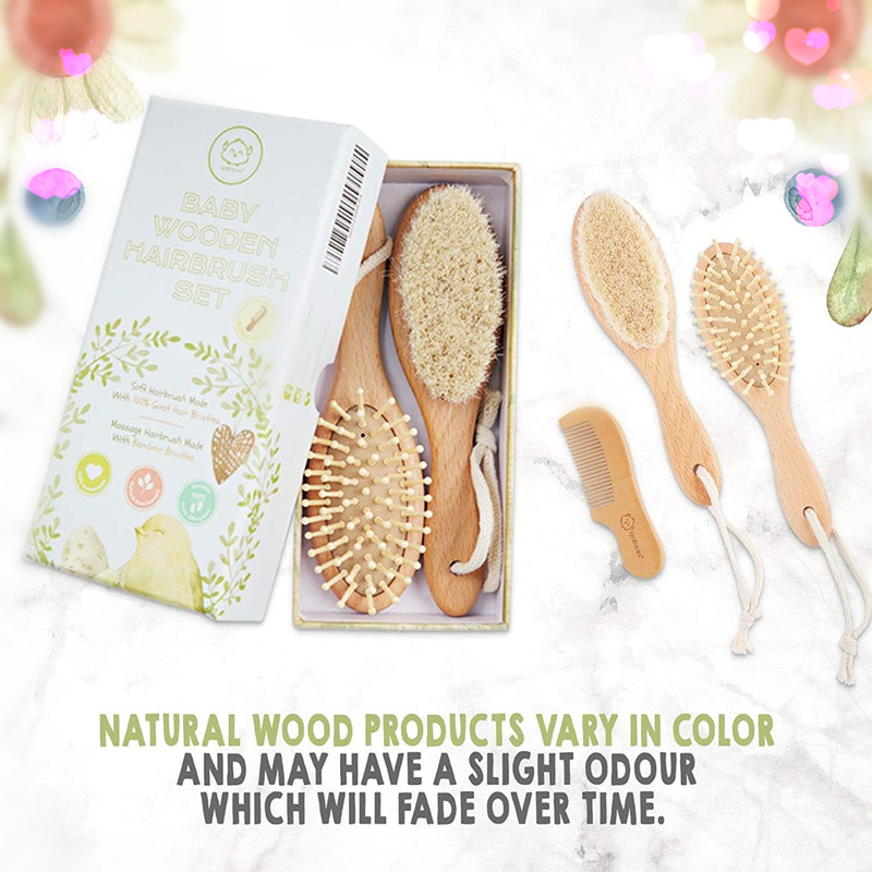 Tre stykke babyhårbørste og kammesæt (3 stk.) Til nyfødte og småbørn, naturlige bløde gedebørster til vuggehætte, træbørster babybørste til massage, perfekt til babyregistrering
