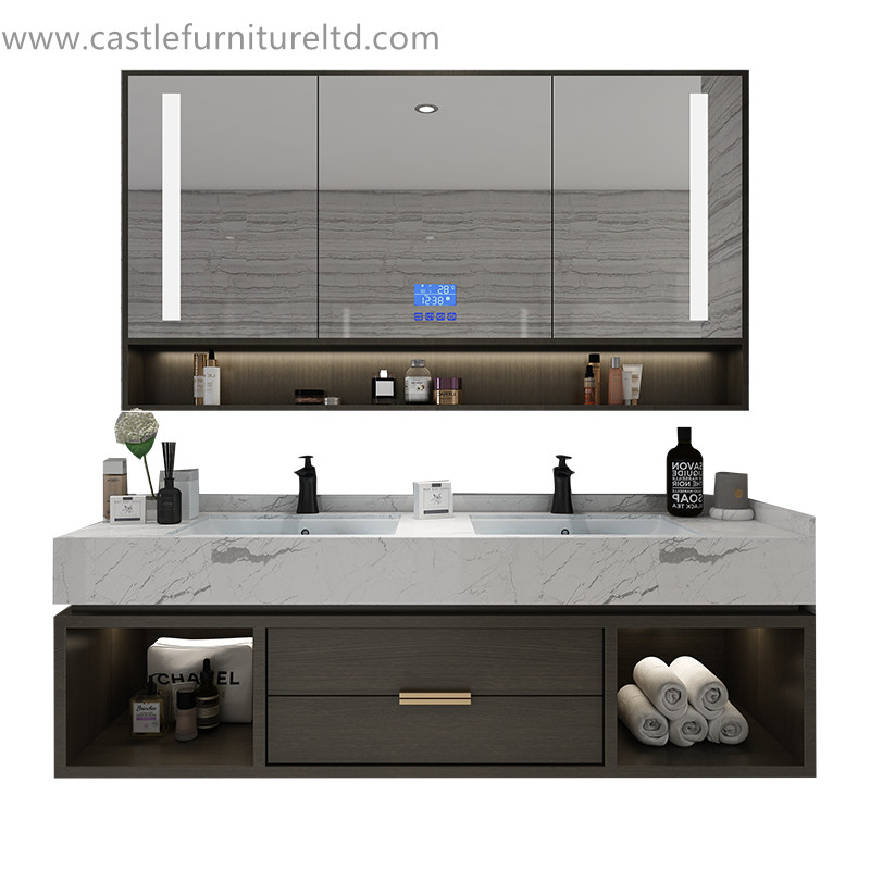 Kombination af badeværelse kabinet i egetræ Nordisk enkelt massivt træ kabinet badeværelse intelligent spejl badeværelse vaske gurgle fase marmor håndvask