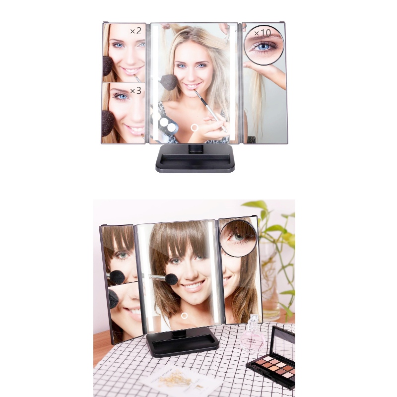 BEALUXUR Tændt Trifold Makeup-spejl, LED-foldning 1X 2X 3X 10X Forstørrende Makeup-spejl Berøringsskærmskontakt, dobbelt strømforsyning, 180 graders rotation