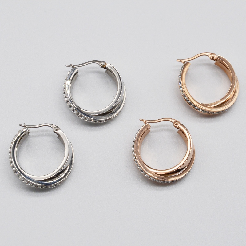 Rustfrit stål rund krydsning af klistret sten Earring rfber0129