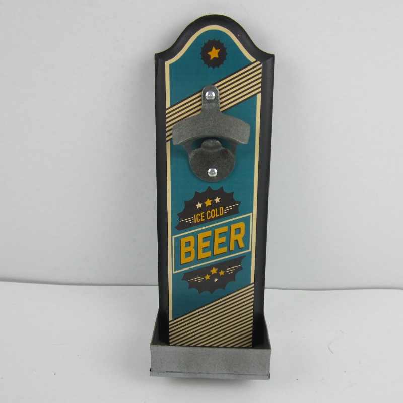 Vægge Monteret Wood Plaque Beer Bottle Opener med Cap Catcher