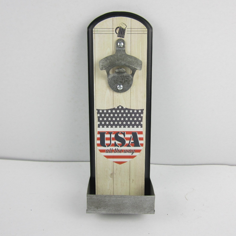 Vægge Monteret Wood Plaque Beer Bottle Opener med Cap Catcher