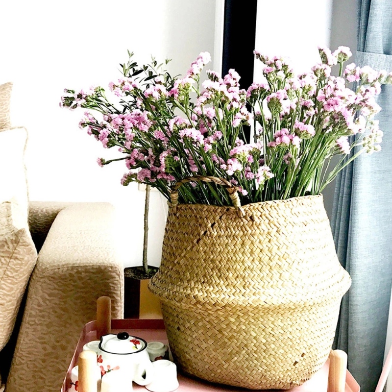 Vævet havgræs mavekurv til opbevaring af blomsterpottebuksestand