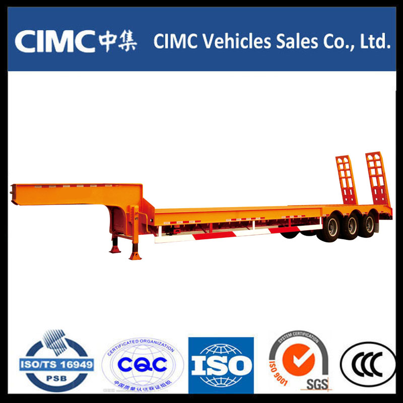 Cimc 3 Axel 70ton Low Bed Semi Trailer med Hydraulisk Rampe