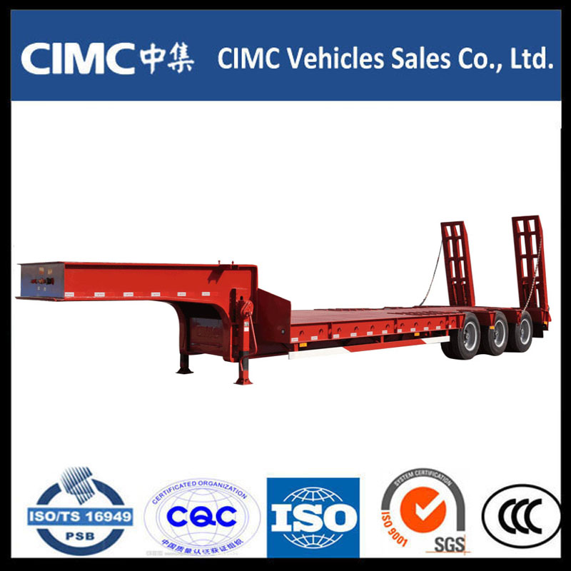 Cimc 3 Axel 70ton Low Bed Semi Trailer med Hydraulisk Rampe