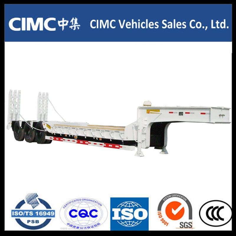 Cimc 3 Axel 70ton Low Bed Semi Trailer med Hydraulisk Rampe