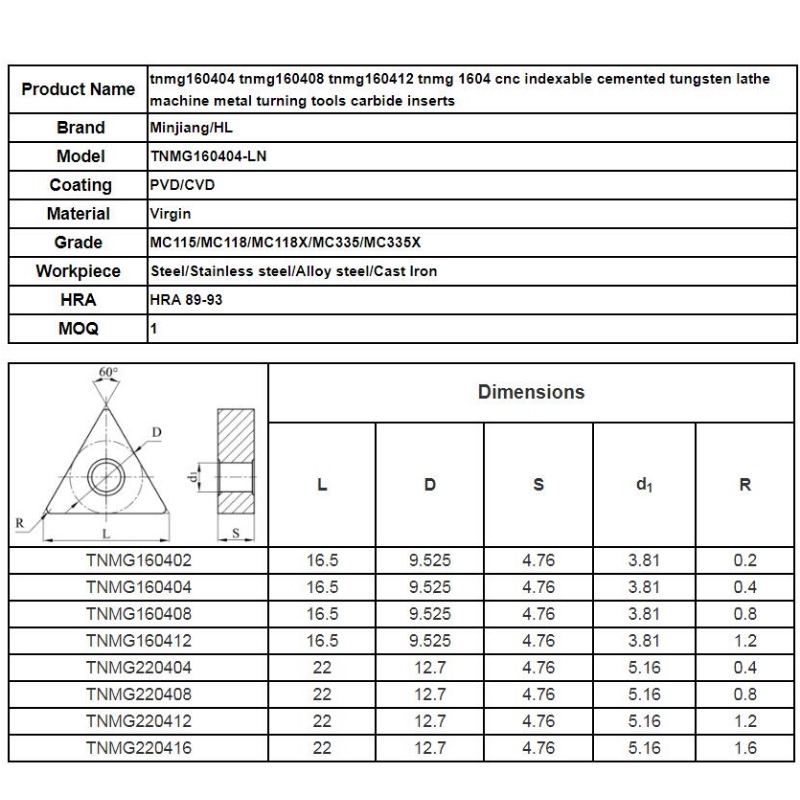 Drejeblade: tnmg160404 tnmg160408 tnmg160412 tnmg 1604 cnc indekserbar cementeret wolfram drejebænk maskine drejeværktøj hårdmetalsindsatser