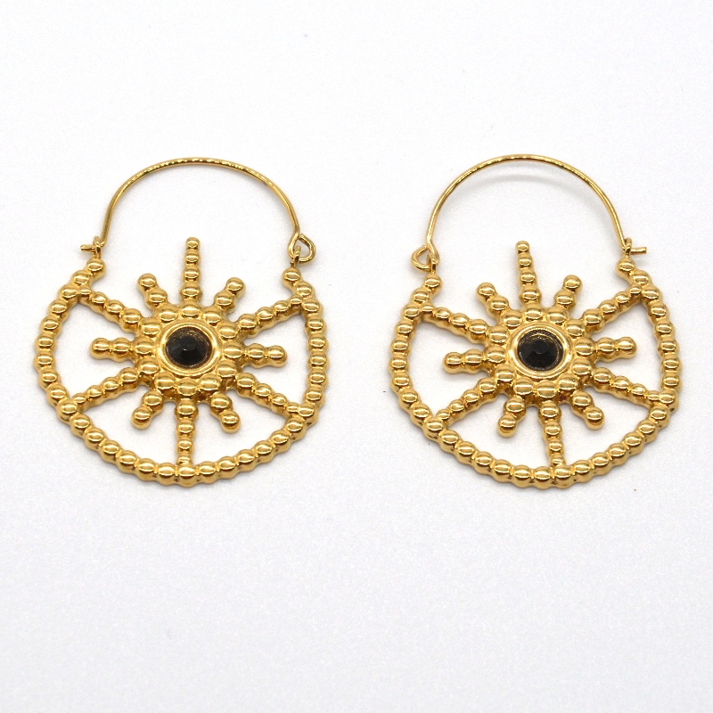 Kvinders forgyldte smykker boheme stil vintage blomster sort agat øreringe Kina Ruifanbao smykker forarbejdning fabrik