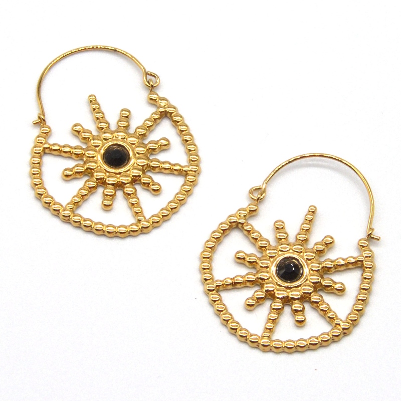 Kvinders forgyldte smykker boheme stil vintage blomster sort agat øreringe Kina Ruifanbao smykker forarbejdning fabrik
