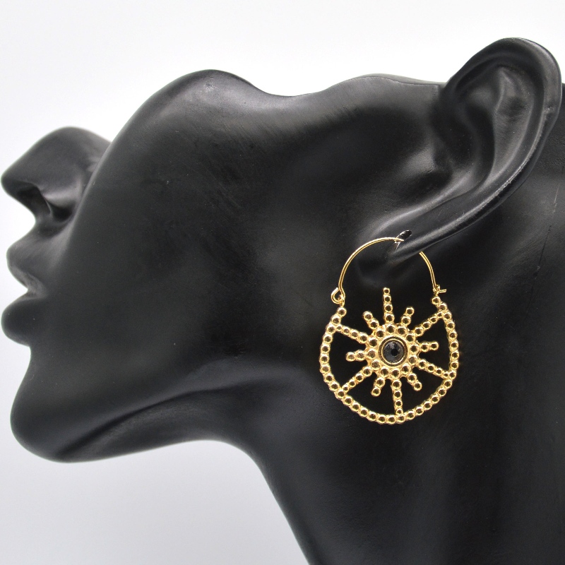 Kvinders forgyldte smykker boheme stil vintage blomster sort agat øreringe Kina Ruifanbao smykker forarbejdning fabrik