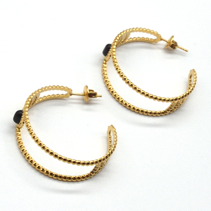Guld hoop øreringe, C-formede hoop øreringe, sort agat, kvindelige følsomme ører, allergivenlige smykker, Kina Ruifanbao smykker behandling fabrik