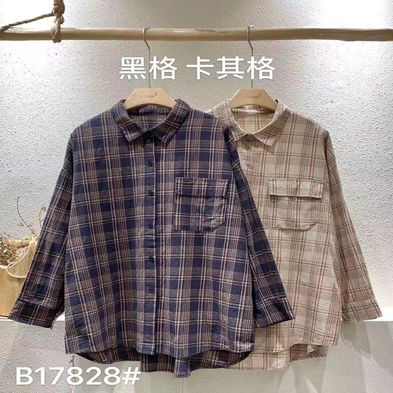 Løs- fittings design Minismst stily casual Solid color Strited check overspeced custoed 17828 Loose Checked Shirt
