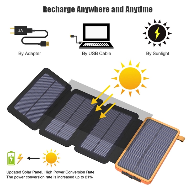 Udendørs vandtæt trådløst bærbart mobilbatteri hurtigoplader 1-5 eksterne solpaneler, der kan foldes sammen med solenergibank