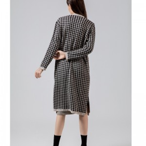 Fashionable Casual Joker Qianbirdcheck uld strikket lang cardigan coat 69069#