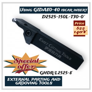 EMET-skæreværktøjer, eksterne drejeværktøjer, eksternt skille- og grooving-værktøjer, især til hjulbearbejdning, ved hjælp af ISCAR GIDA80-40 INSERT, GHGR/L2525-8, GHGR/L2525-6