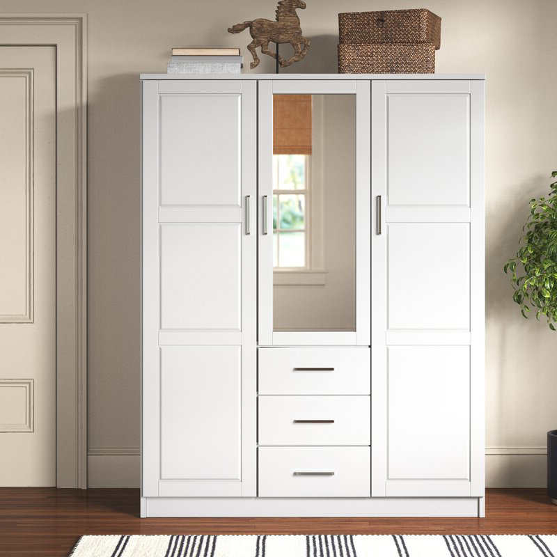 MWD22008-massivt træfamilie garderobe/closet/closet, 3-dørs skab med spejl og 3 skuffer, hvid.