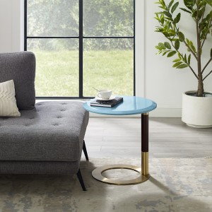 stue moderne runde side bord valnød top rustfrit stål base træ sofabord