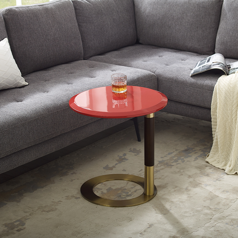stue moderne runde side bord valnød top rustfrit stål base træ sofabord