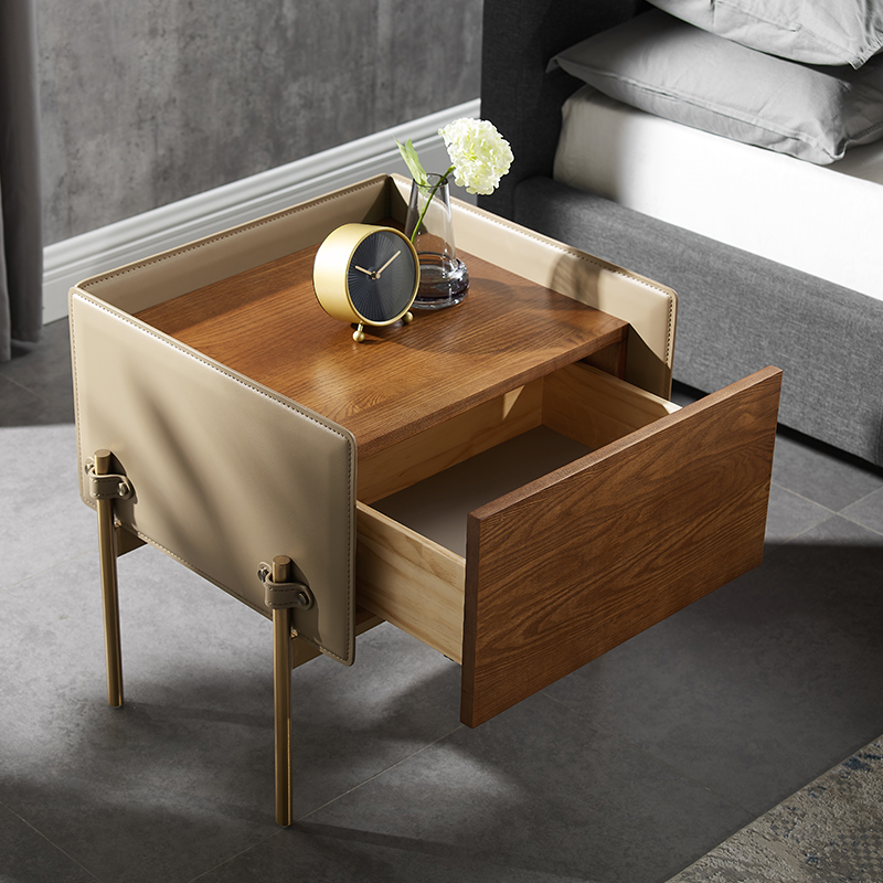modernenatbordnaturlige træ minimalistisk træ lædernatbord med rustfrit stål ben