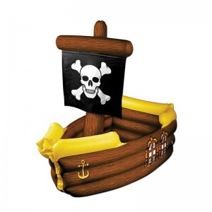 Oppustelig PVC Brun og Gul Piratskib med Crossbone Flag, Dekorative Party Drikke Cooler Toy